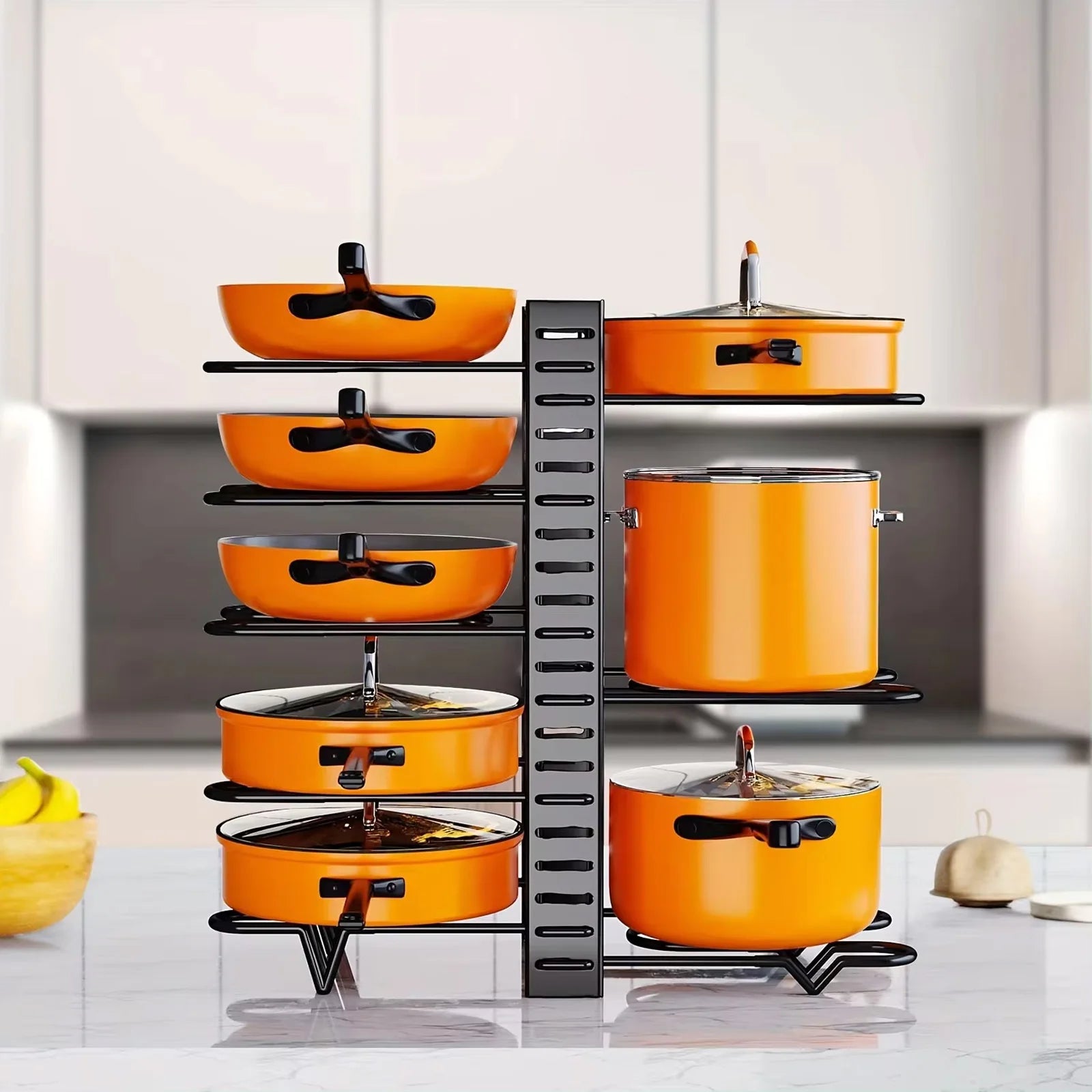 Organizador de estante para ollas de 8 niveles, metal duradero, soporte para gabinete que ahorra espacio para ollas, sartenes y tapas, mantiene tu cocina limpia y ordenada