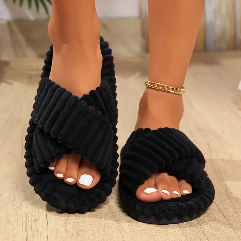 Zapatillas de casa con tiras cruzadas de pana para mujer, chanclas planas suaves y cálidas para hombre, sandalias de felpa concisas a la moda para interiores familiares para las cuatro estaciones