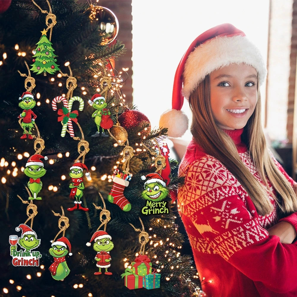 18 Uds. De adornos acrílicos 2D para árbol de Navidad, monstruos verdes, lindos colgantes para árbol de Navidad, adornos navideños de dibujos animados
