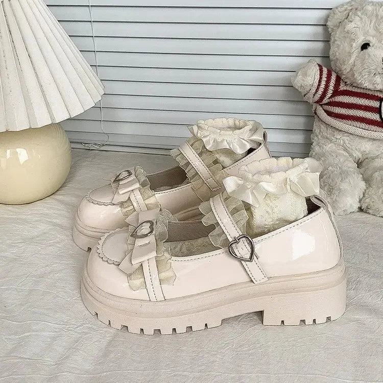 Primavera 2025 Nudo de mariposa encaje dulce lindo Lolita tacón grueso Mary Jane zapatos individuales mujeres PU cuero punta redonda tacón medio