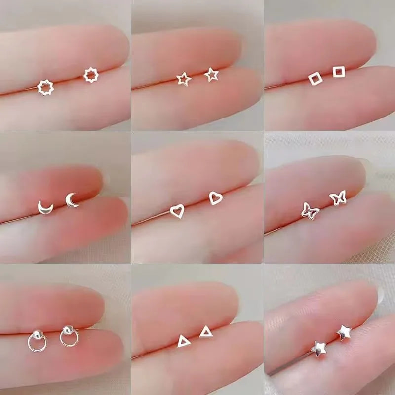 Pendientes de tuerca con forma de mariposa y corazón para mujer, Mini estrella, Color plateado, con agujas de plata 925, hipoalergénico, uso diario, regalo Pierc para niñas