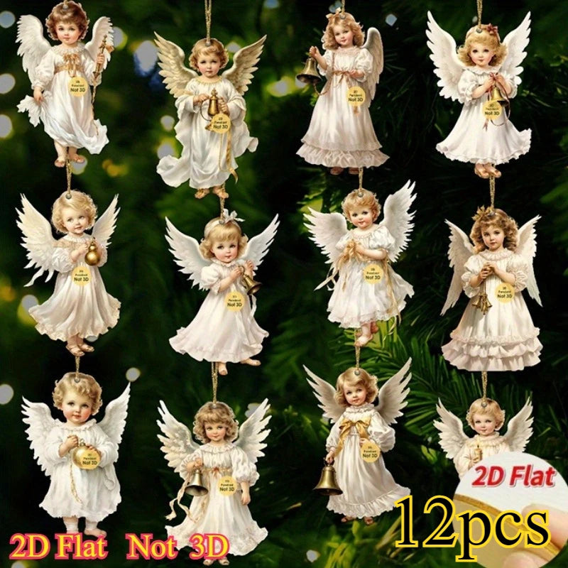 12 Uds. Colgantes de madera de Ángel navideño Vintage, adornos colgantes de madera Artificial, perfectos para decoración navideña del hogar y al aire libre