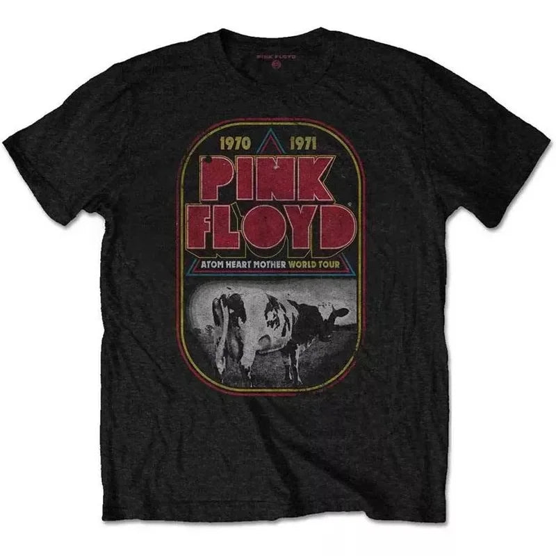 Camiseta holgada de Floyd Rock rosa para hombre, estilo americano Vintage, cuello redondo, manga corta, manga de pétalo de algodón, camiseta de banda decorada
