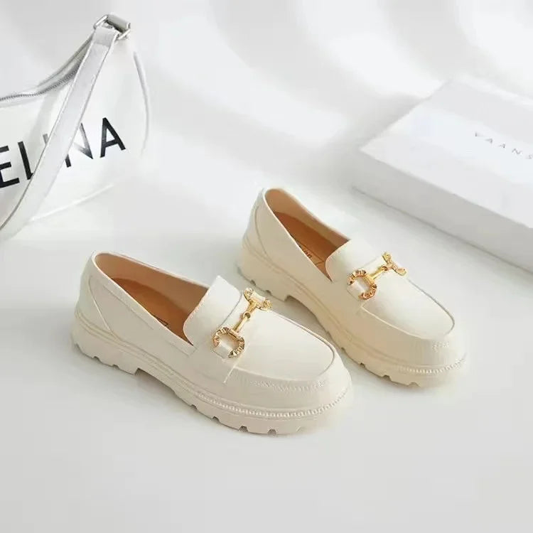 2022 nuevos zapatos Lefort primavera otoño estilo británico Vintage pequeña hebilla dorada punta redonda PVC zapatos Lefort de fondo grueso