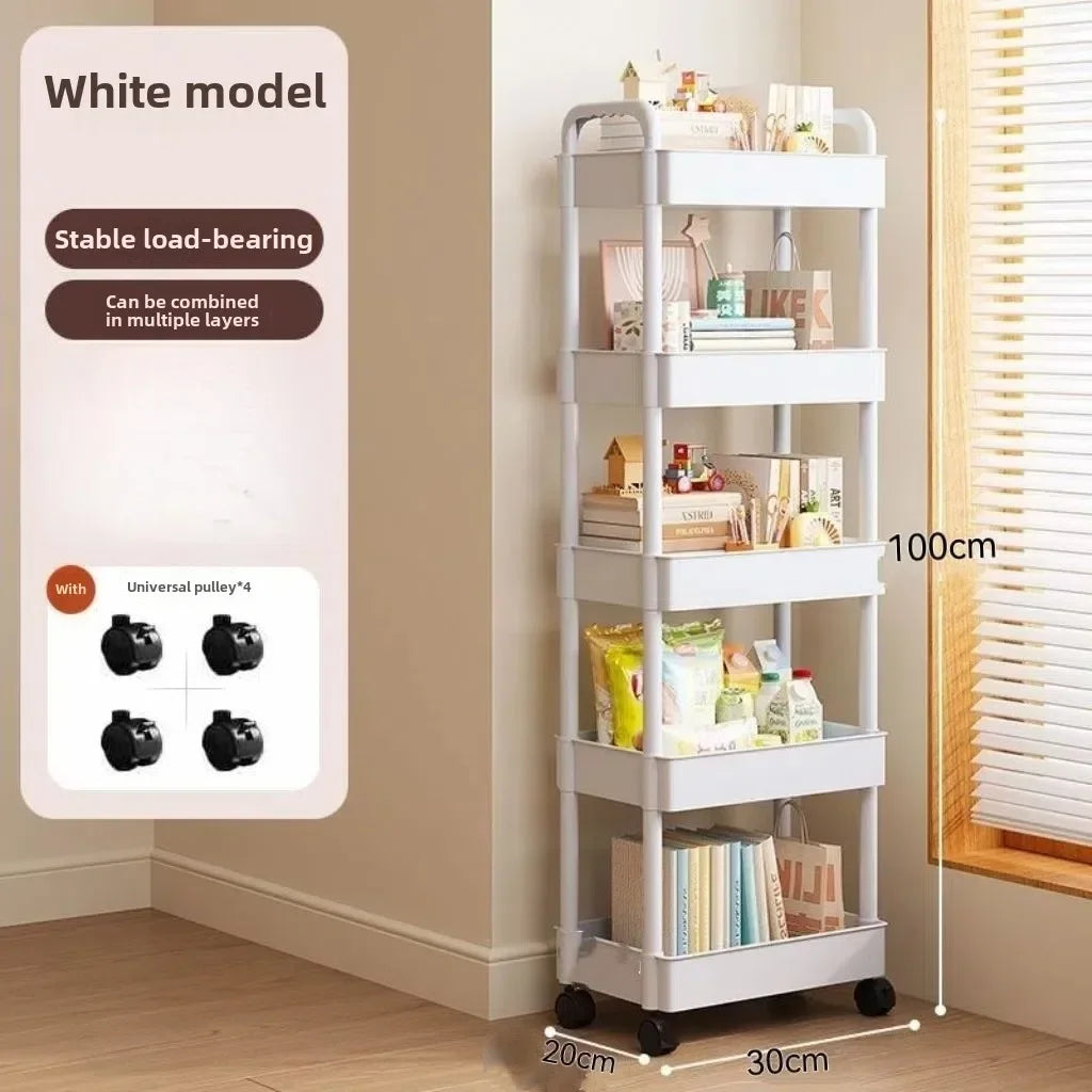 Carro de almacenamiento con ruedas blanco multifuncional: estantes abiertos para exhibición de libros de espacios habitables, Ideal para cocina, decoración de almacenamiento del dormitorio