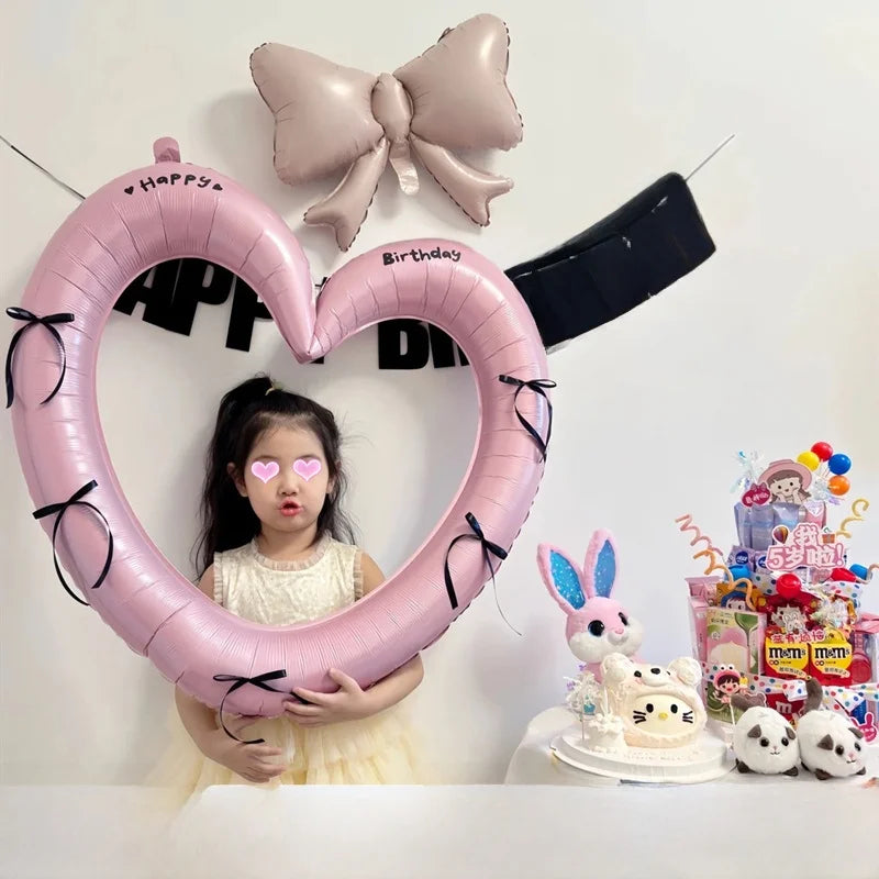 Globo de aluo con forma de corazón rosa, hueco, para fiesta de cumpleaños, marco de utilería para fotos, globo con nudo d...