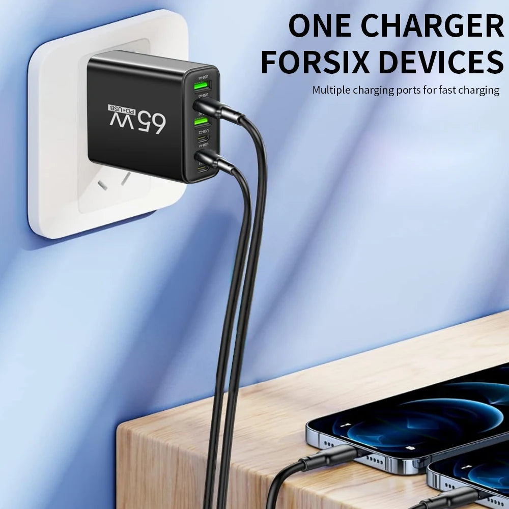 Cargador USB multipuerto de 65W, adaptador de cargador de teléfono tipo C de carga rápida para iPhone, Samsung, Xiaomi, Huawei, cargador de pared con enchufe UE/EE. UU.