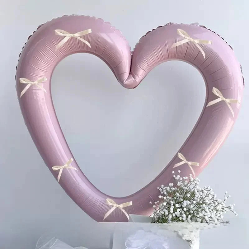 Globo de aluo con forma de corazón rosa, hueco, para fiesta de cumpleaños, marco de utilería para fotos, globo con nudo d...